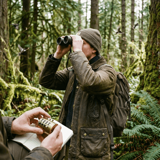 A birdwatcher using a manual tally counter while looking through binoculars.