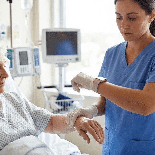 A nurse in scrubs checking a patient's pulse using a timer and counter.