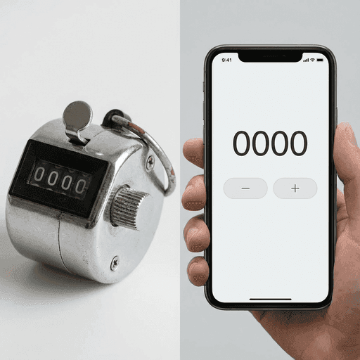 Sebuah penanda mekanikal ditempatkan di sebelah telefon pintar yang menjalankan aplikasi pengiraan.