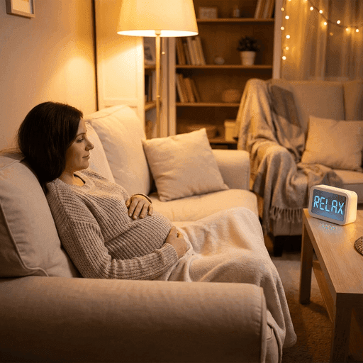 A pregnant woman relaxing on a sofa while using a kick counter app.